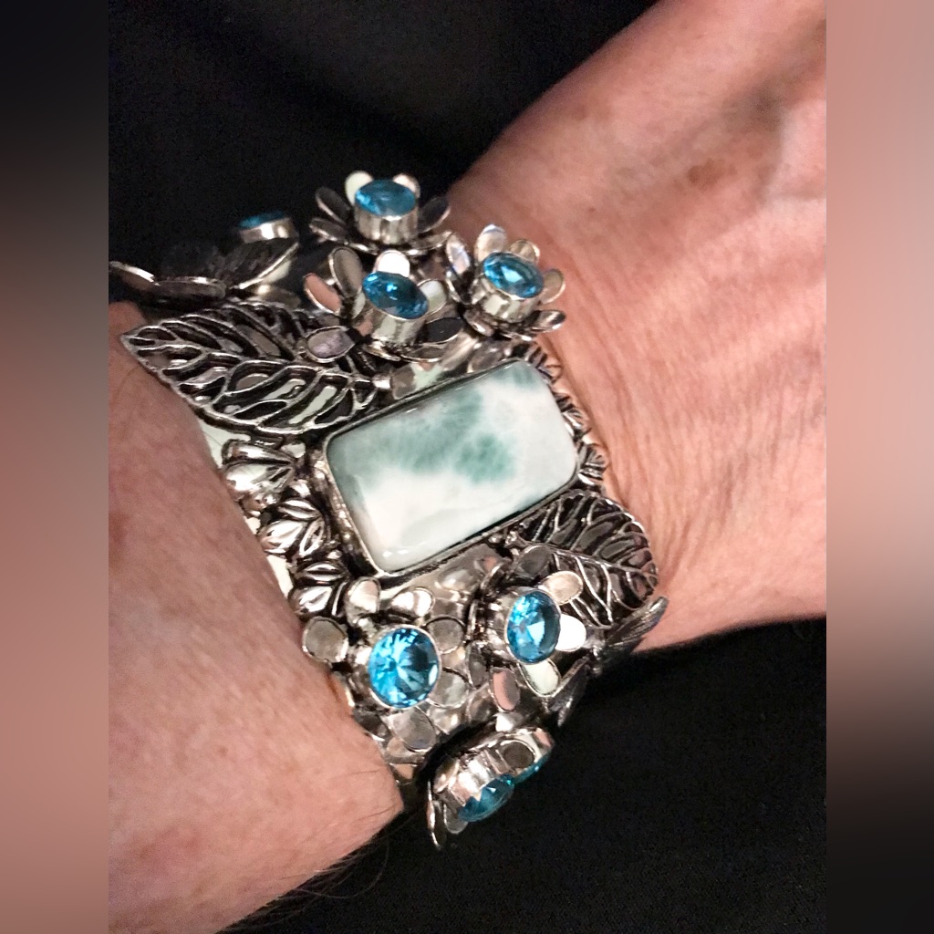 Larimar Blue Topaz Stamped 925 Sterling Silver Cuff Bracelet